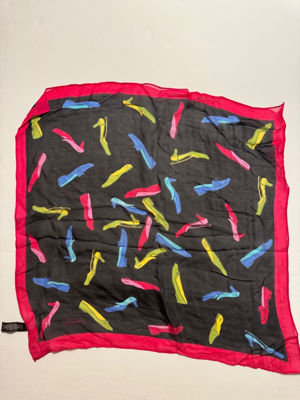 COACH Vintage 100% Silk Black Scarf Bright Shoe Motif Red Border Made in Japan - Picture 7 of 10